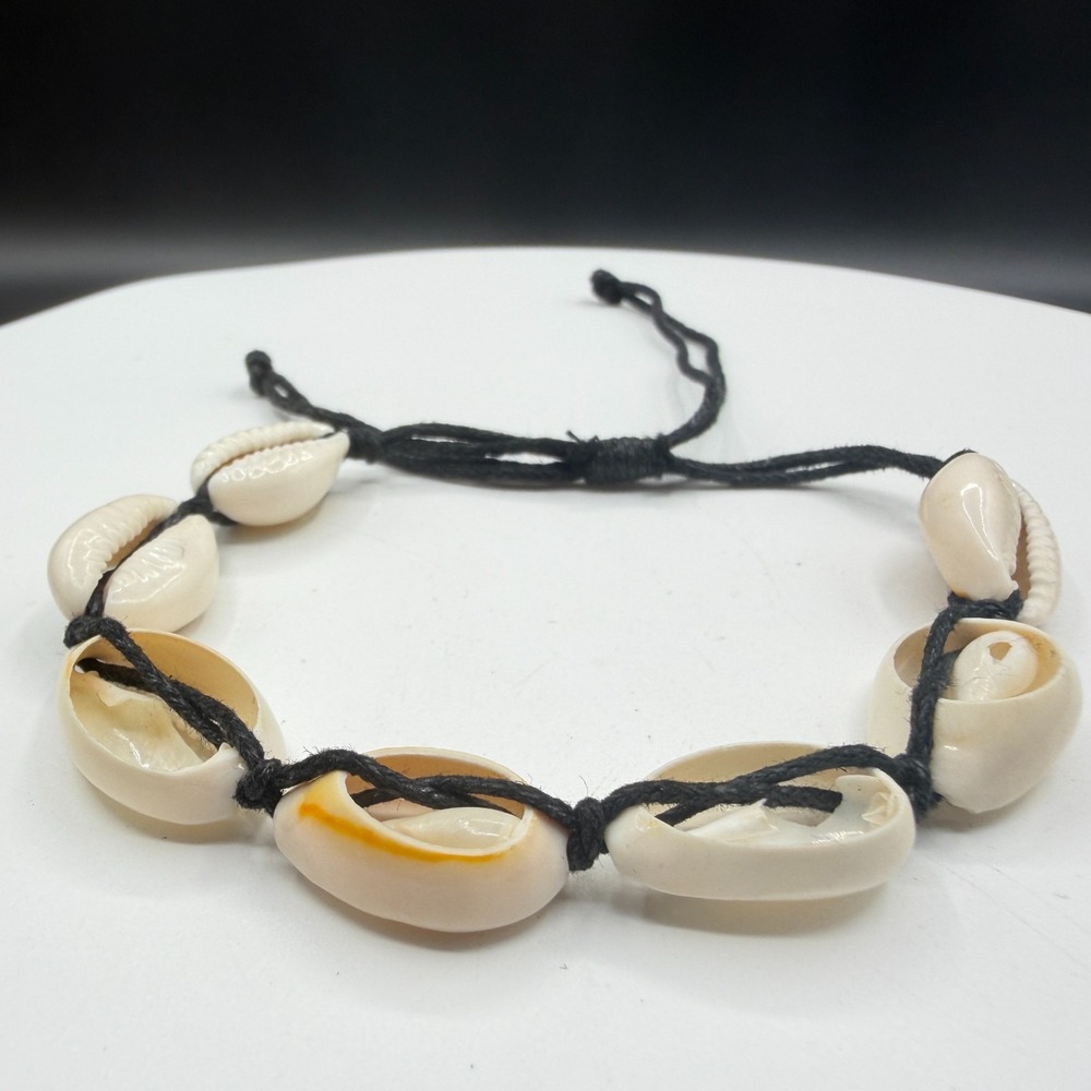 Cowrie Shell Bracelet Black Cord Adjustable Boho Beach Surfer Coastal Style Gift